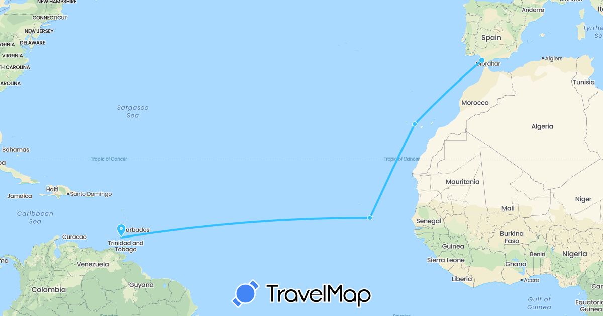 TravelMap itinerary: driving, boat in Cape Verde, Spain, Grenada (Africa, Europe, North America)